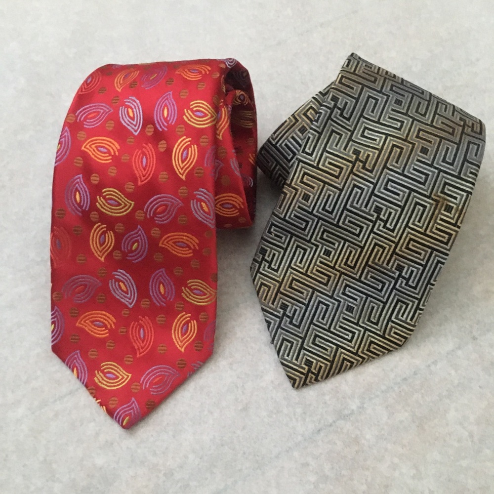 LP Bundle Silk Ties 2 | Red Abstract Leaves & Earth Tone Geometric Grid